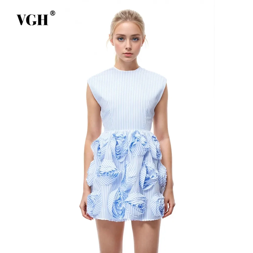 

VGH Hit Color Striped Spliced Appliques Dresses For Women Round Neck Sleeveless High Waist Patchwork Lace Up Mini Dress Female