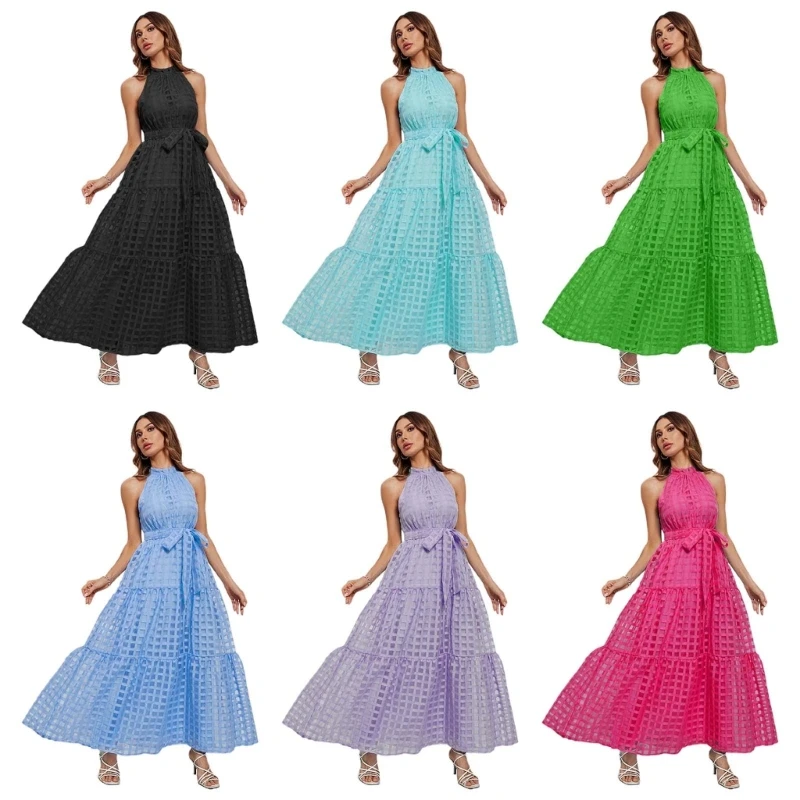 

Stylish Women Long Dress with Flounce Hem Midi Dress with Waist Belt Solid Color drop shipping