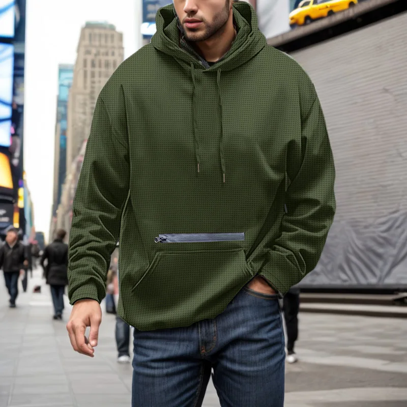 

2024 Spring and Autumn Men's Hoodie Waffle Breathable Casual Sports Pullover Slow Walking European and American Fashion T-shirt