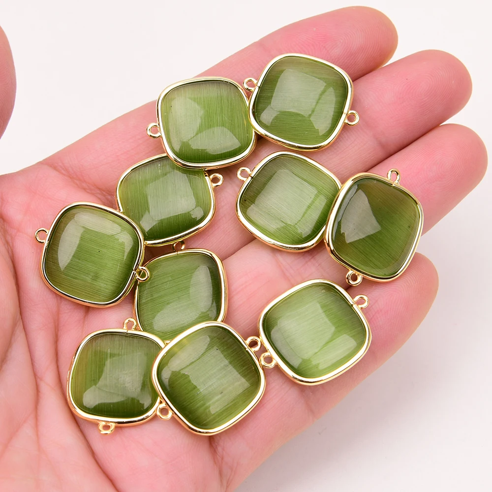 

APDGG Wholesale 10 Pcs 20mm Green Cat eye Crystal Yellow Gold Plated Edge Square Gems Connector Double Ring Jewelry Finding