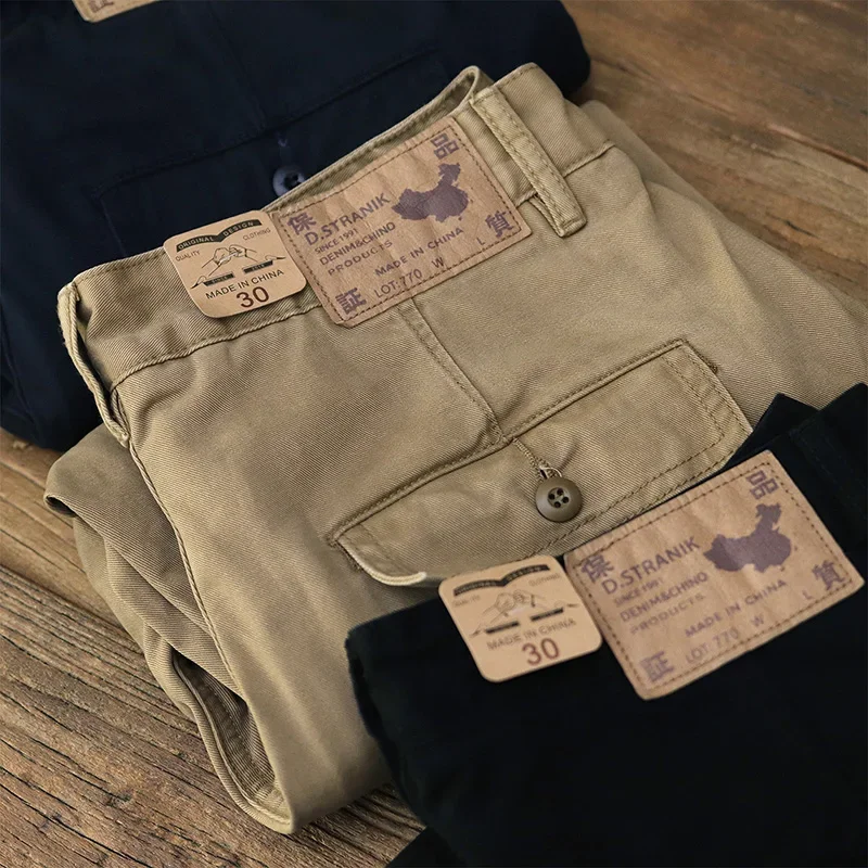 

845# Autumn New American Retro Twill Amekaji Chino Cargo Pants Men's Simple 100% Cotton Washed Straight Business Casual Trousers