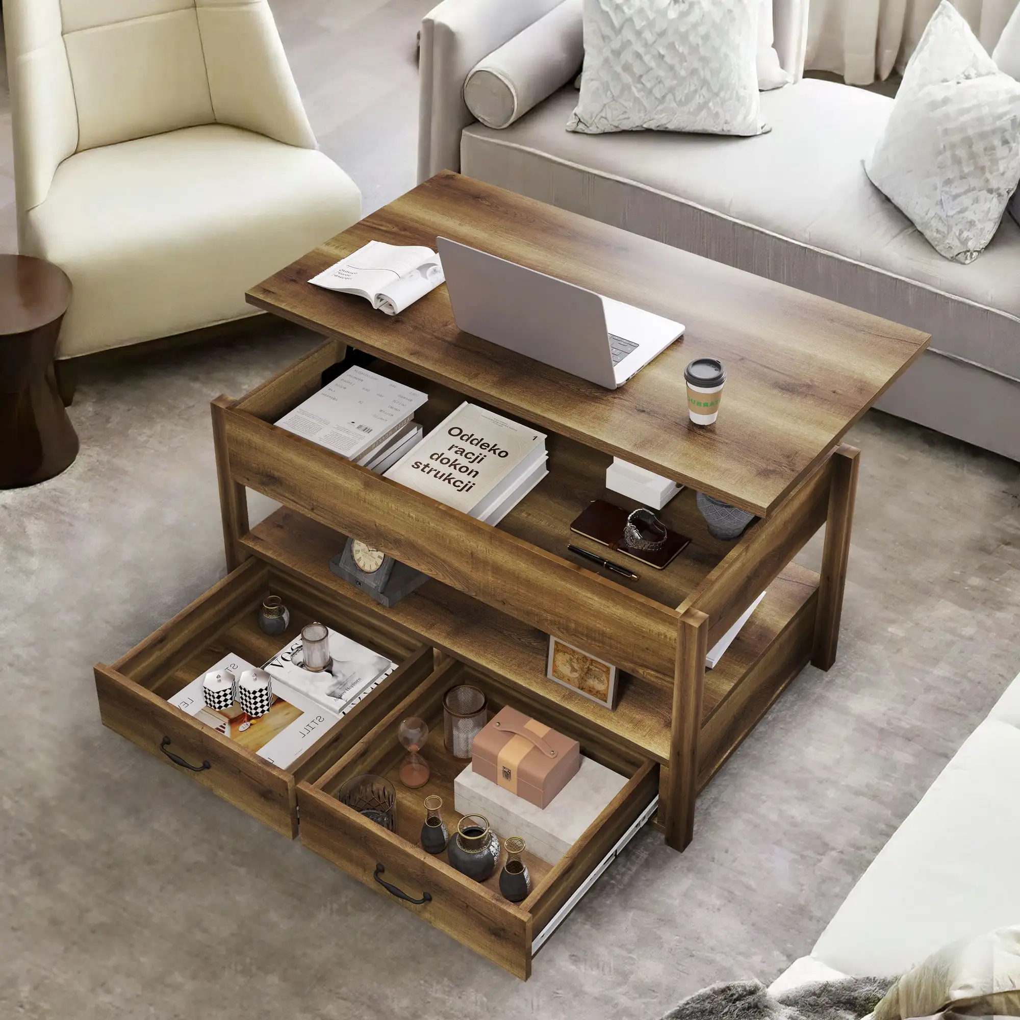 

DEXTRUS Wood Lift Top Coffee Tables with 2 Storage Drawers & Hidden Compartment for Living Room Office, Rustic Brown