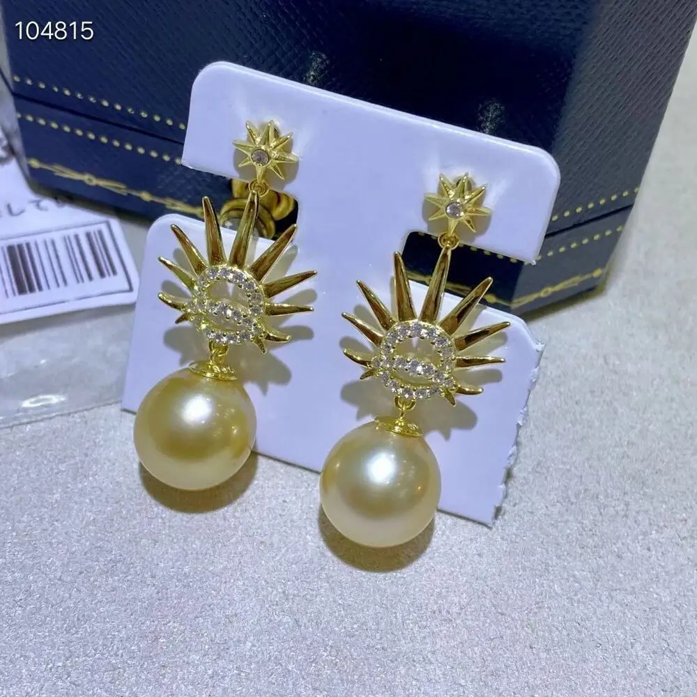 

Великолепная пара 10-11 мм круглые золотые серьги-подвески с жемчугом 925s Серебро 925 ювелирные изделия для женщин