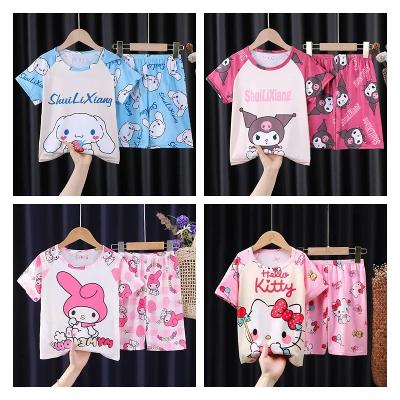 

New Kawaii Pajamas Set Sanrioed Kuromi Children Summer Sleepwear Boy Girls Cute Anime Cinnamoroll HelloKitty Cartoon Home Clothe