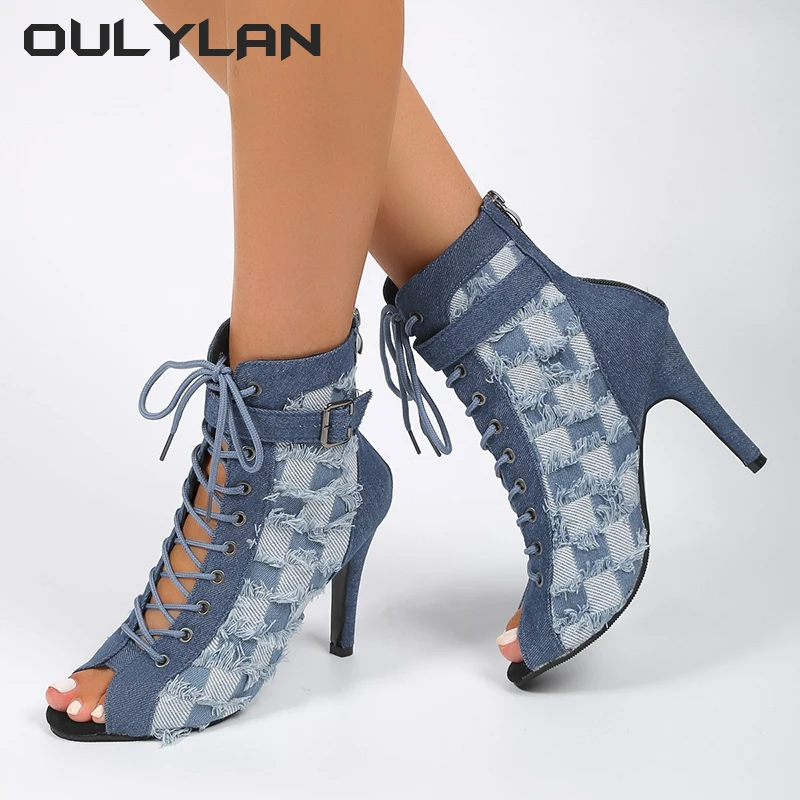 

Модные Крутые ботинки с открытым носком, женские осенние удобные танцевальные сандалии на высоком каблуке с вырезами, синие джинсовые ботинки больших размеров