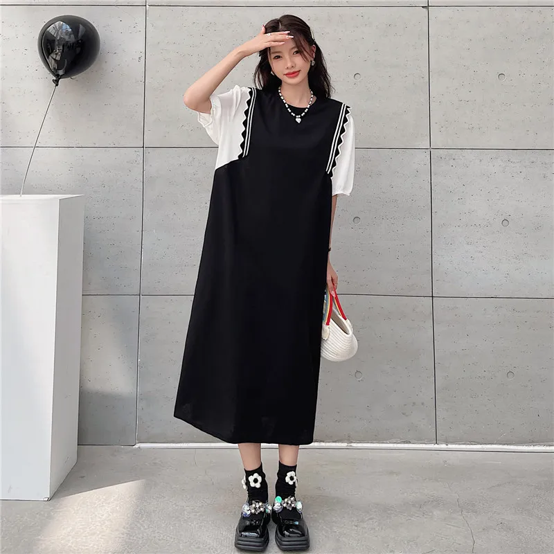 Japanese Korea Style Patchwork Short Sleeve Loose Black Summer Dress Fashion Women Casual Dress Elegant Office Lady Work Dress
Japanese Korea Style Patchwork Short Sleeve Loose Black Summer Dress Fashion Women Casual Dress Elegant Office Lady Work Dress