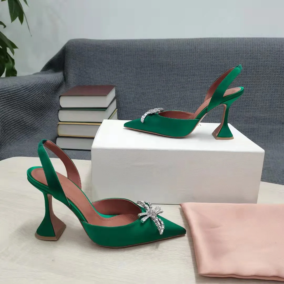 

Green Shoes Rosie Pointed Crystal Bow Slingback Pumps Wedding Satin High Heel