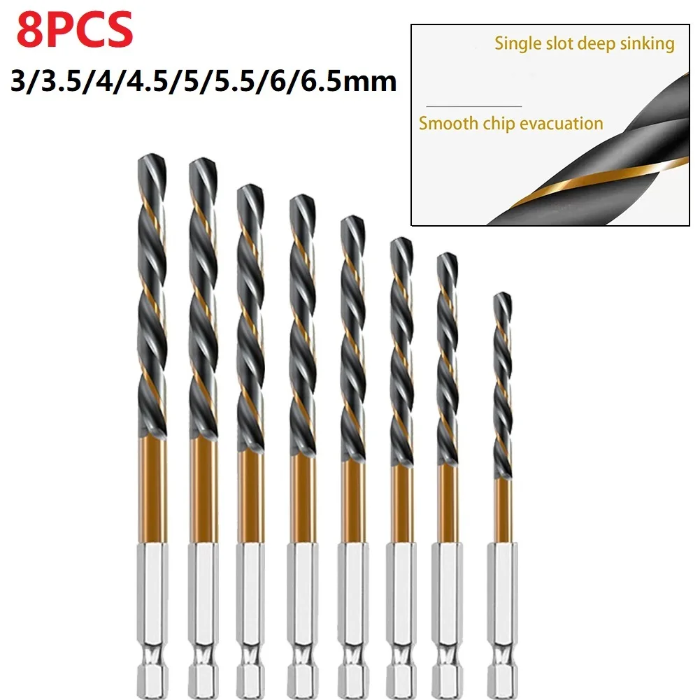 8PCS HSS Titanium Coated Drill Bit Set 1/4 Hex Shank 3/3.5/4/4.5/5/5.5/6/6.5mm For Aluminium Wood Plastic Thin Iron Driiling
8PCS HSS Titanium Coated Drill Bit Set 1/4 Hex Shank 3/3.5/4/4.5/5/5.5/6/6.5mm For Aluminium Wood Plastic Thin Iron Driiling