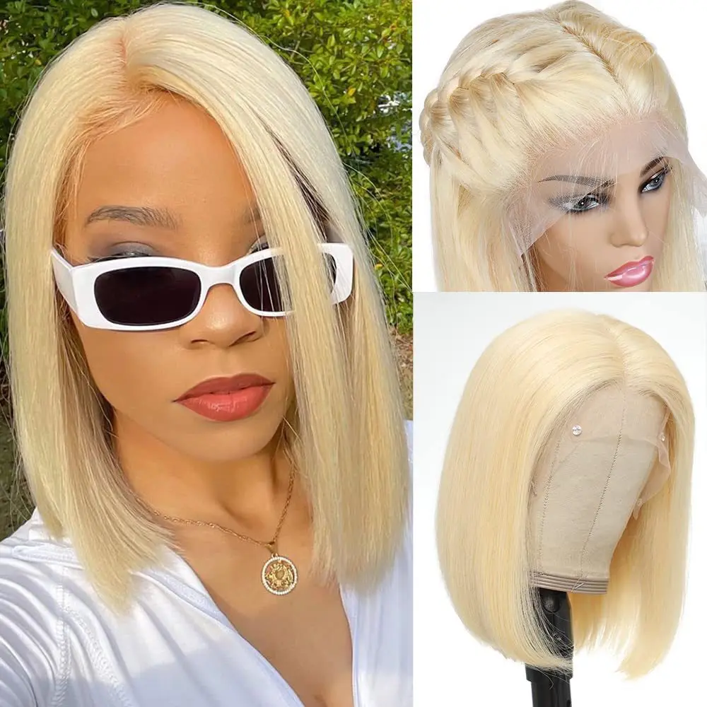 

13x4 Lace Front Human Hair Wig 613 Honey Blonde Colored Bob Wig Remy Brazilian Hair Middle Part Straight Bob 180% Density