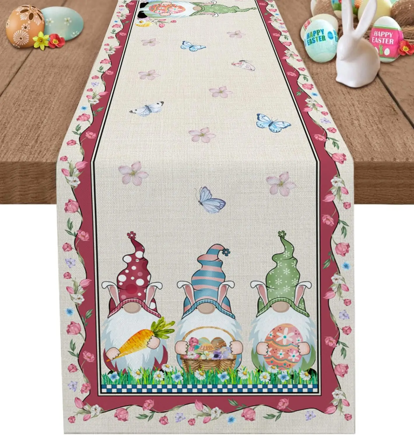 

Easter Bunny Eggs Gnome Tulip Linen Table Runners Dresser Scarves Table Decor Farmhouse Dining Table Runners Wedding Decorations
