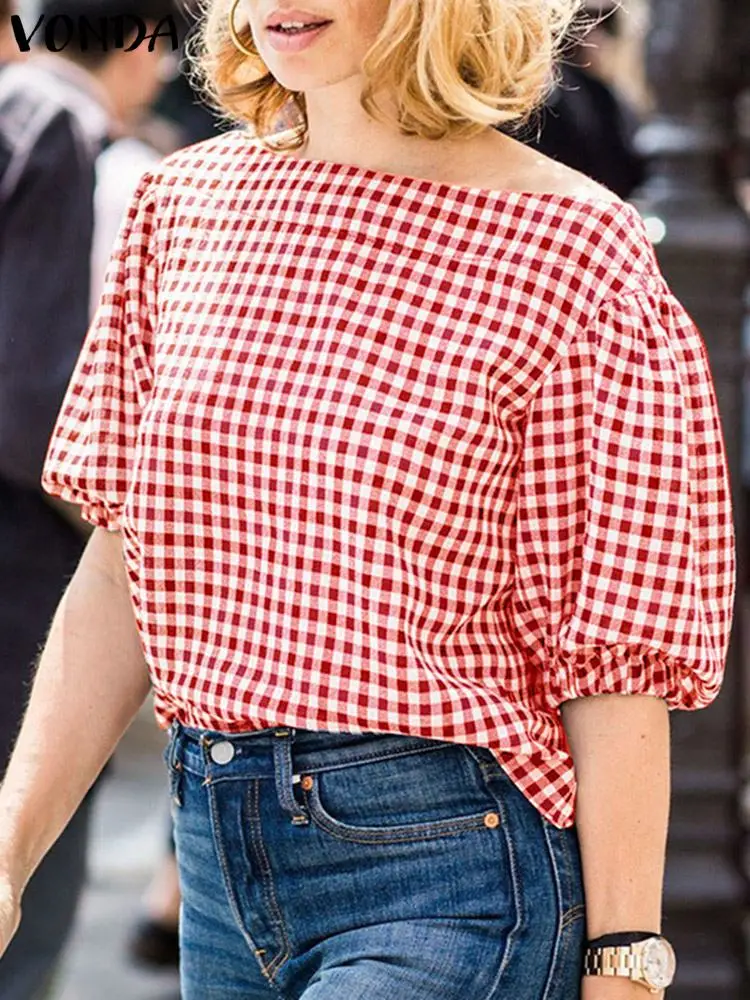 

VONDA Elegant Blouse 2024 Fashion Plaid Tops Summer Sexy Skew Collar Shirts Women Short Puff Sleeve Casual Loose Blusas Feminina