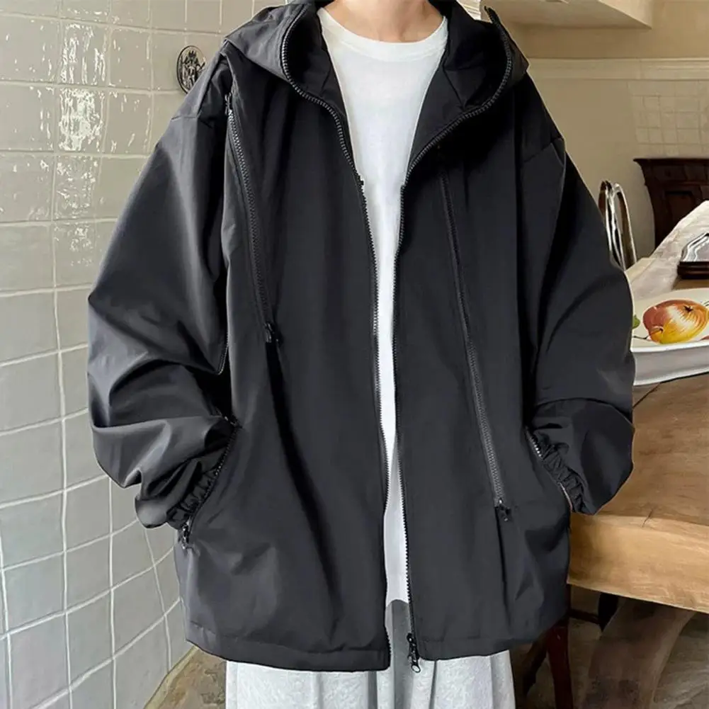 

Solid Color Trench Coat Men's Hooded Windbreaker Trench Coat with Zipper Placket Pockets Stylish Outdoor Sports for Autumn