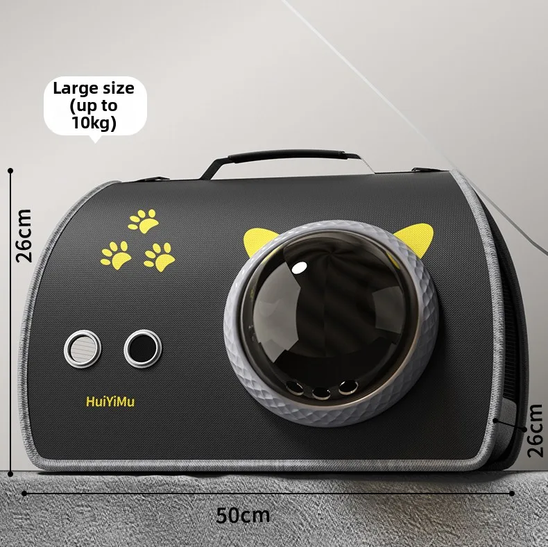 Cat Carrier Bag | Portable Space Capsule Pet Carrier Large black space capsule cat carrier with yellow paw prints, showing dimensions of 50cm length and 26cm height, suitable for pets up to 10kg.