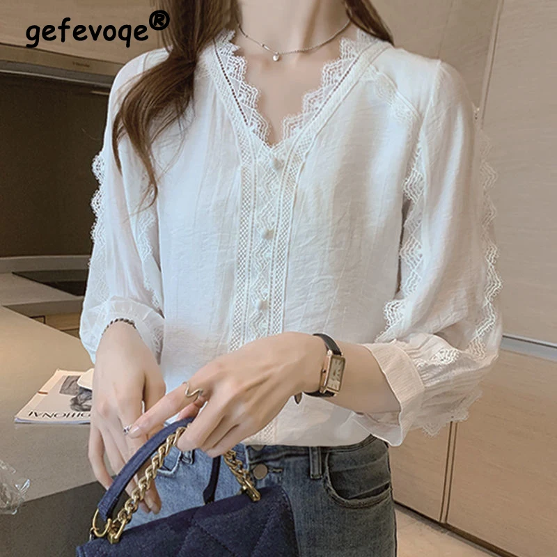 

Retro Korean Chic Sweet Lace Patchwork V Neck White Shirts Female Casual Simple Three Quarter Sleeve Tops Blouses for Women 2023