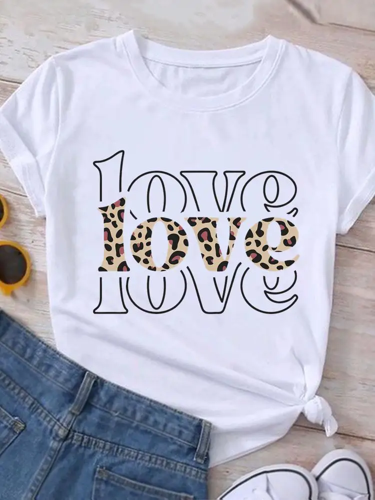 

Tee Women Fashion Graphic T Shirt Clothing T-shirt Short Sleeve Leopard Love Letter 90s Trend Print Clothes Summer Female Top