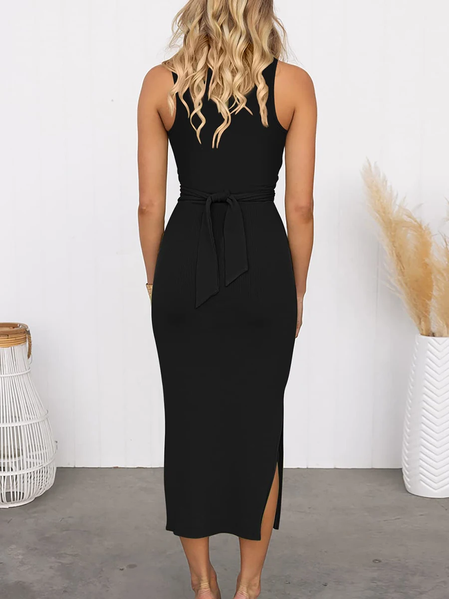 

Women Cutout Sleeveless Maxi Dress Hollowed out Sleeveless Long Bodycon Solid Color Casual Slim Party Cocktail Club