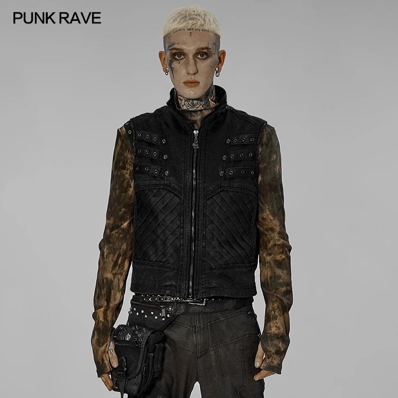 

PUNK RAVE Men's Post-apocalyptic Style Distressed Vest Breathability Lining Sleeveless Waistcoat Men Clothing Autumn/Winter