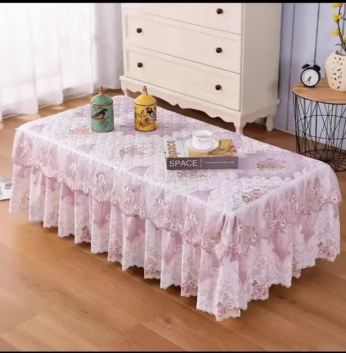 

Printed Sheer Hem Tablecloth Rectangular Plaid Lace Edge Table Cover Living Room Coffee Tables TV Cabinet Home Dust Cover