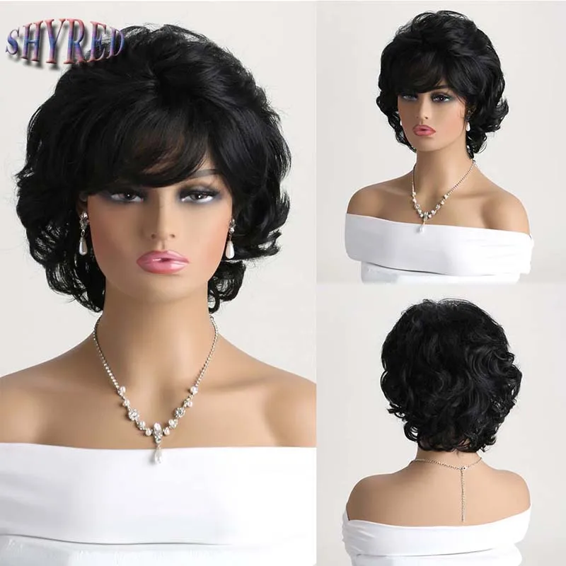 

Women's Fashion Short Synthetic Wigs Pixie Cut Black Ombre Hair Costume Party Wigs for Woman Fluffy Curly Wavy Wig