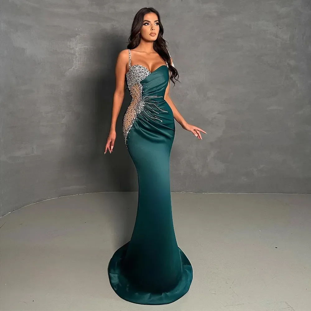 

Charming Beaded Prom Dresses Mermaid Sequined Evening Dress saghetti Straps Neckline Sweep Train Special Occasion Formal Wear