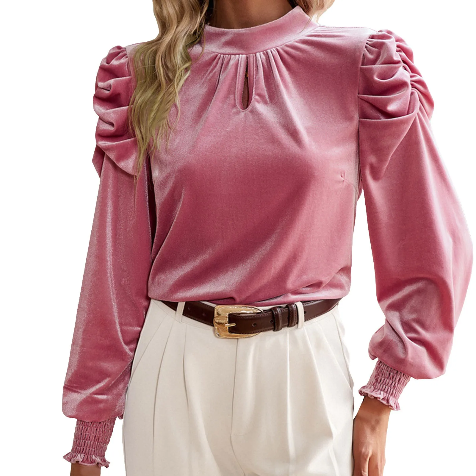 

Womens Mock Neck Puff Long Sleeve Velvet Tops 2023 Fall Winter Dressy Casual Elegant Shirts Blouse Women's Long Sleeve