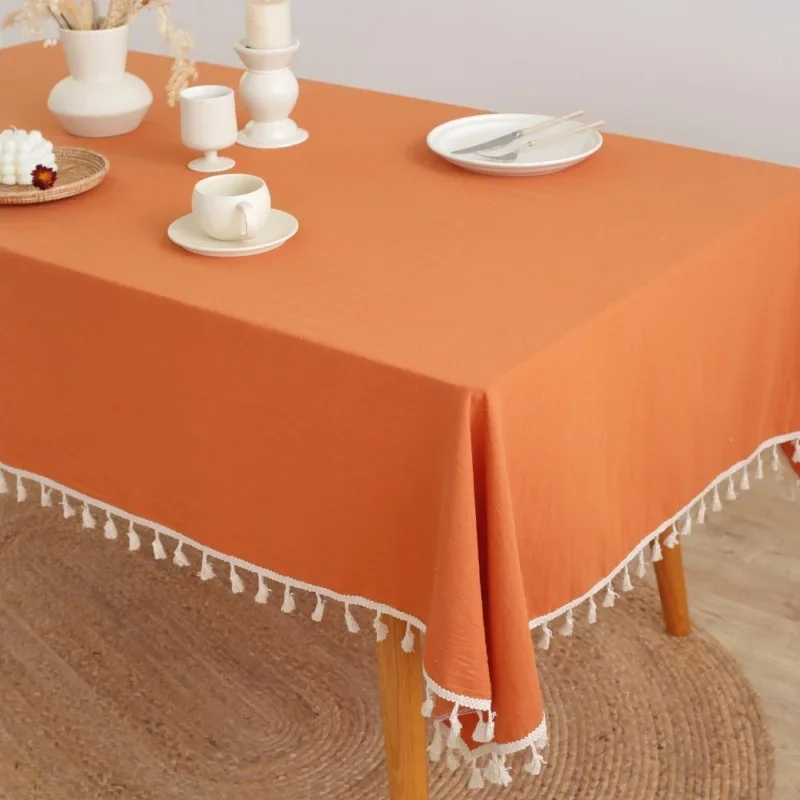 

Halloween Pumpkin Orange Color Tablecloth with Tassels Nordic Minimalist Autumn Winter Pure Cotton Rectangular Tablecloth Cover
