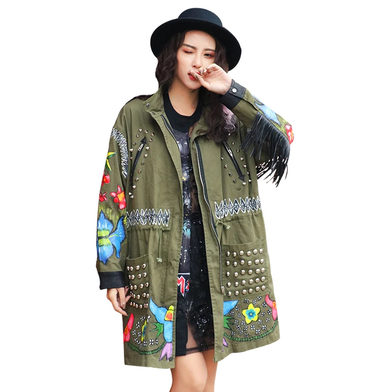 Spring Hip Hop Women Brand Army Green Rivets Graffiti Patchwork Tassel Loose Windbreaker Jacket Coat Female Outerwear
Spring Hip Hop Women Brand Army Green Rivets Graffiti Patchwork Tassel Loose Windbreaker Jacket Coat Female Outerwear