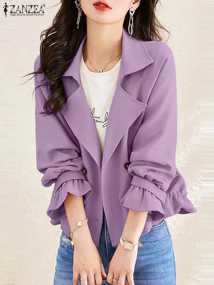 

ZANZEA Fashion Women Jackets Spring Lapel Neck Long Sleeve Work Thin Coats Casual Ruffles Outwear Female Solid Chaqueta 2024