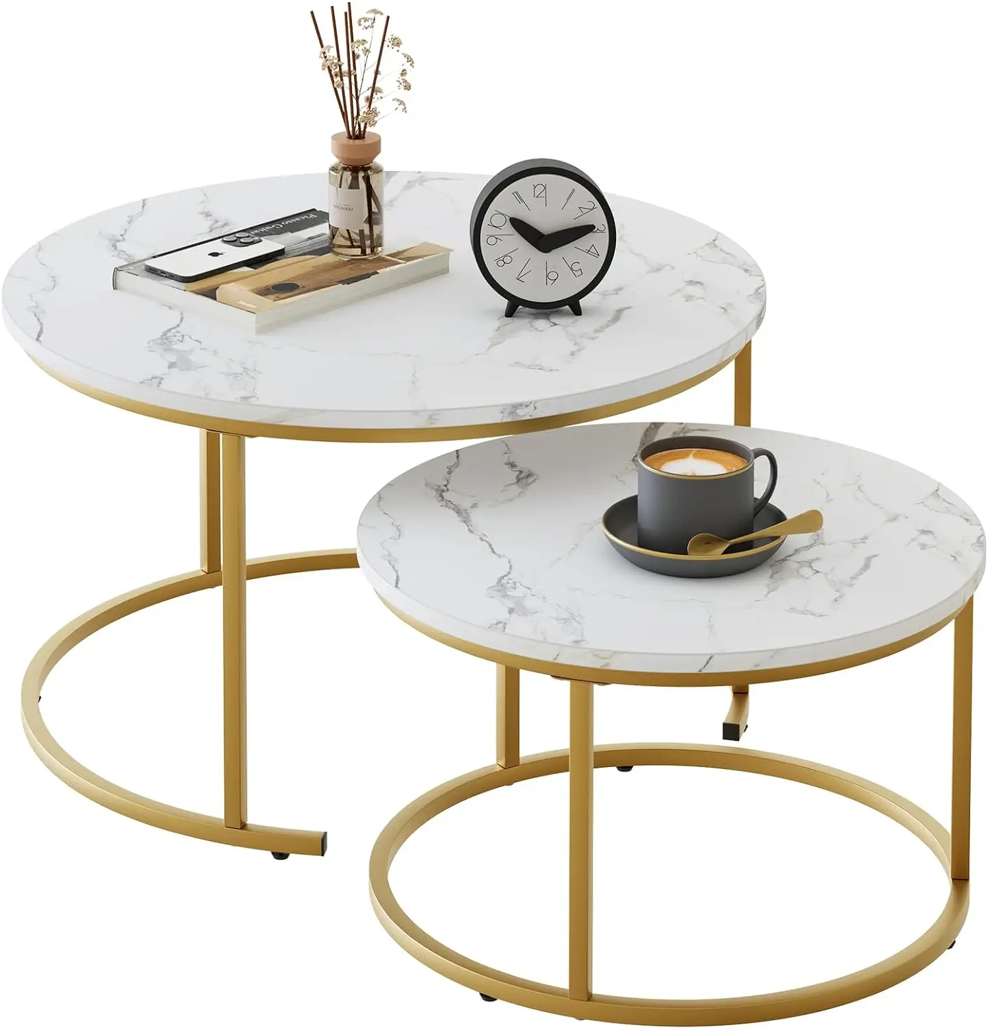 

Nesting Coffee Table 31.5IN Set of 2, White Faux Marble Gold Steel Frame Circular and Round Large Wooden Tables 31in, Living