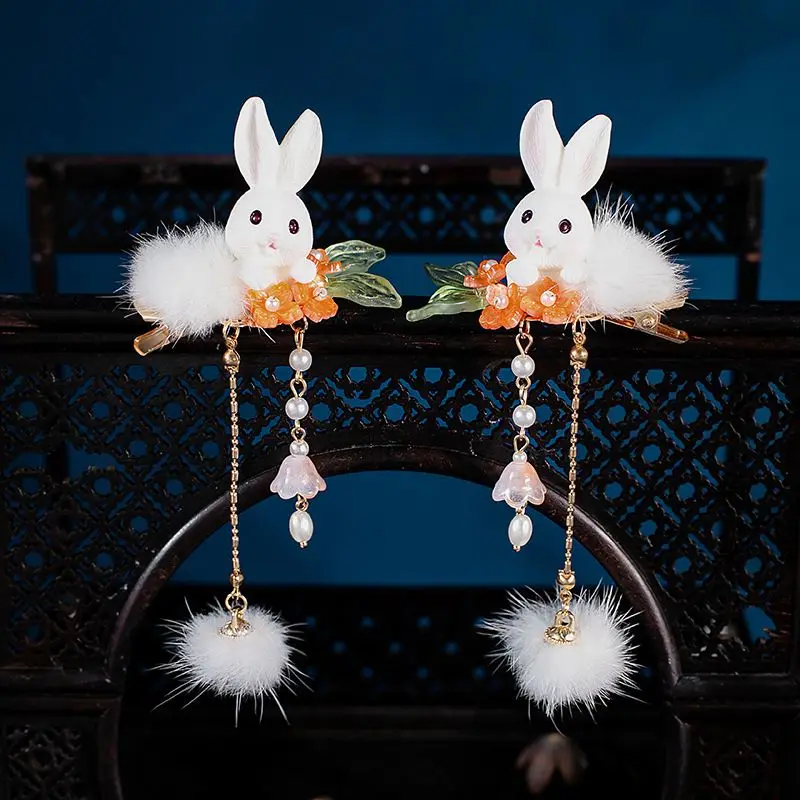 

Cute Hair Accessories for Girls Women Rabbit Hair Clips with Pompon Hanfu Hairgrip