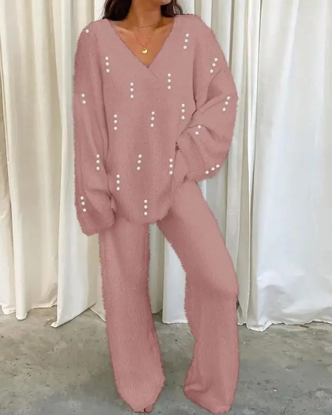 Woman Casual V-Neck Beaded Fuzzy Top & Pants Set Women Outfits Two Piece Suit New Women's Fashion Sets Clothes
Woman Casual V-Neck Beaded Fuzzy Top & Pants Set Women Outfits Two Piece Suit New Women's Fashion Sets Clothes
