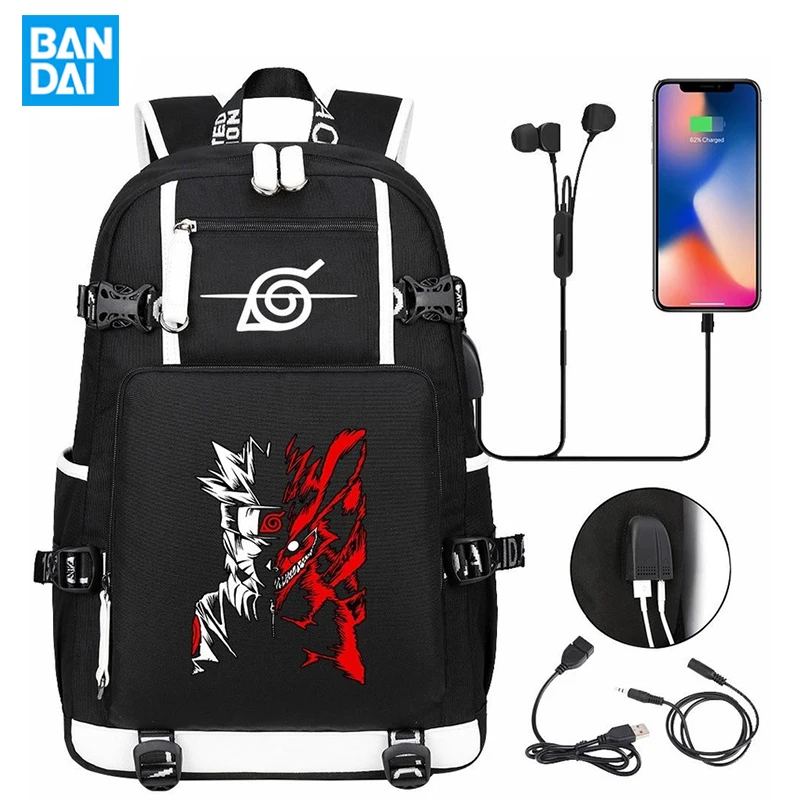 Bandai Naruto Backpacks Anime Cartoon Sasuke Kakashi USB Cable Charging Mens Bookbag Teenage Large Capacity Waterproof Backpack |