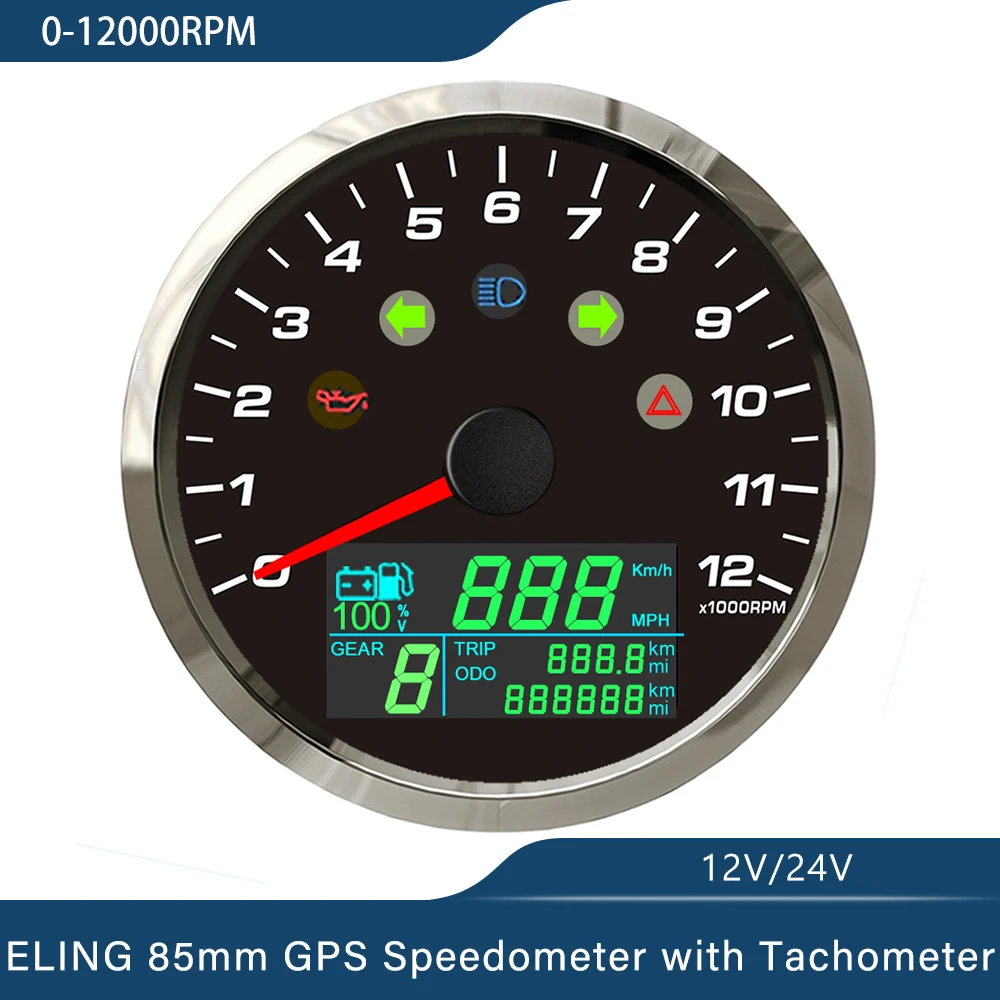 

85mm GPS Speedometer 0-299km/h MPH with 0-12000RPM Tachometer Trip Odometer with Gear Number N 1-6 for Car Motorcycle Universal