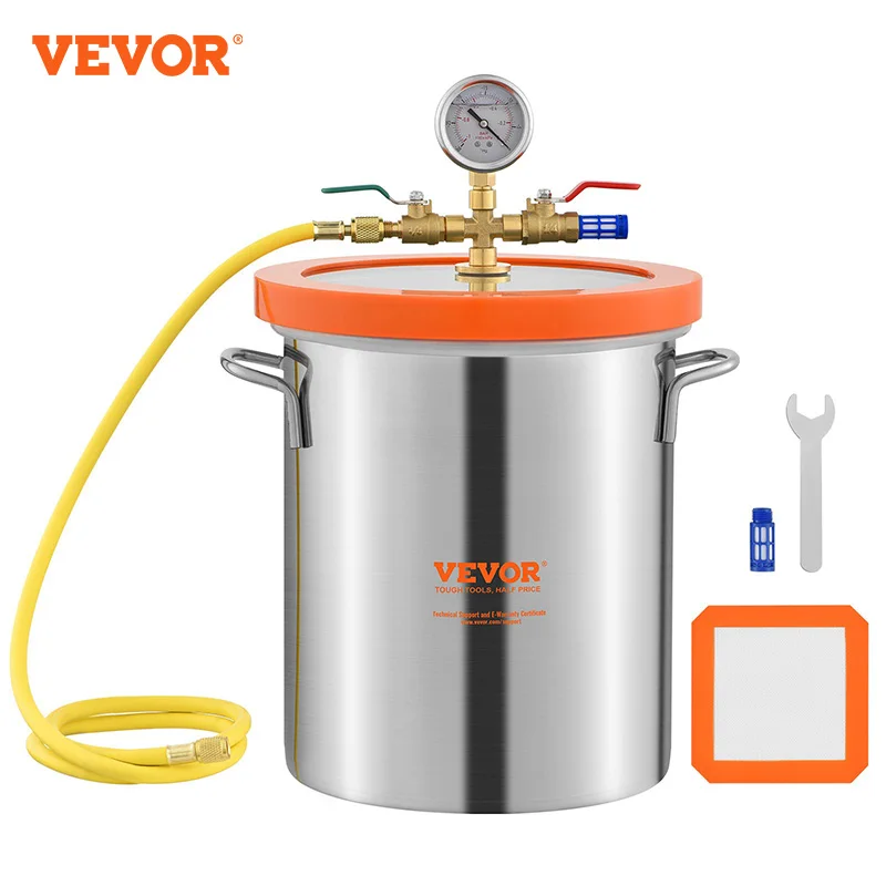 

VEVOR Vacuum Chamber 3/5 Gallon Upgraded Tempered Glass Lid Degassing 304 Stainless Steel for Stabilizing Wood Resin Degassing