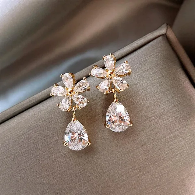 Boucles d'oreilles fleur en cristal pour femmes, évider, déclaration, goutte, fête de mariage, bijoux de demoiselle d'honneur, luxe, mode 1