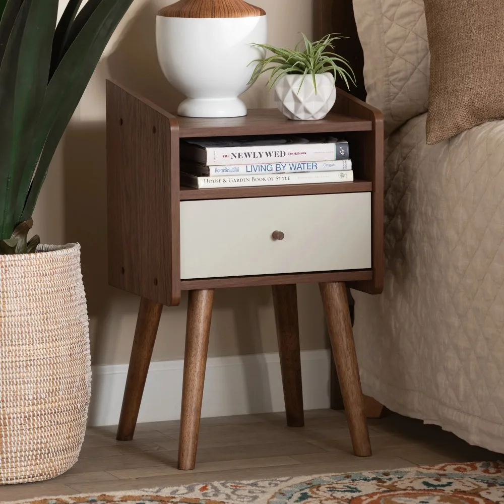 

Baxton Studio Elario Mid-Century Modern Two-Tone White and Walnut Brown Finished Wood 1-Drawer Nightstand