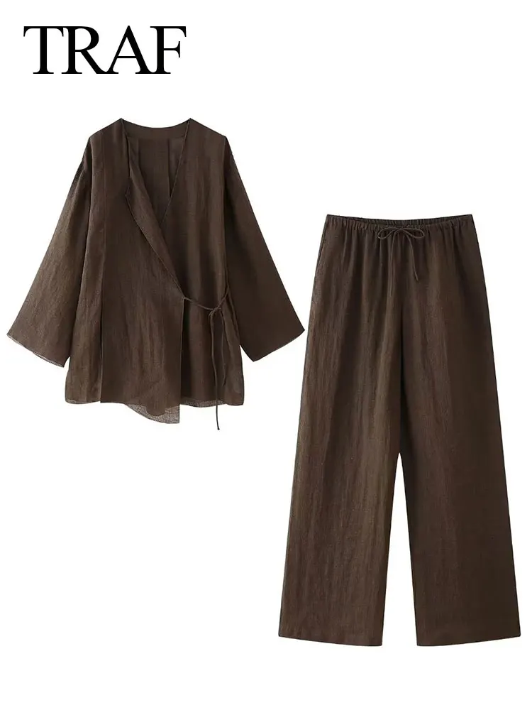 TRAF 2024 Spring Women Fashion Linen Suits V Neck Cardigan Kimono + Elastic Waist Casual Streetwear Female Wide Leg Long Pant
TRAF 2024 Spring Women Fashion Linen Suits V Neck Cardigan Kimono + Elastic Waist Casual Streetwear Female Wide Leg Long Pant