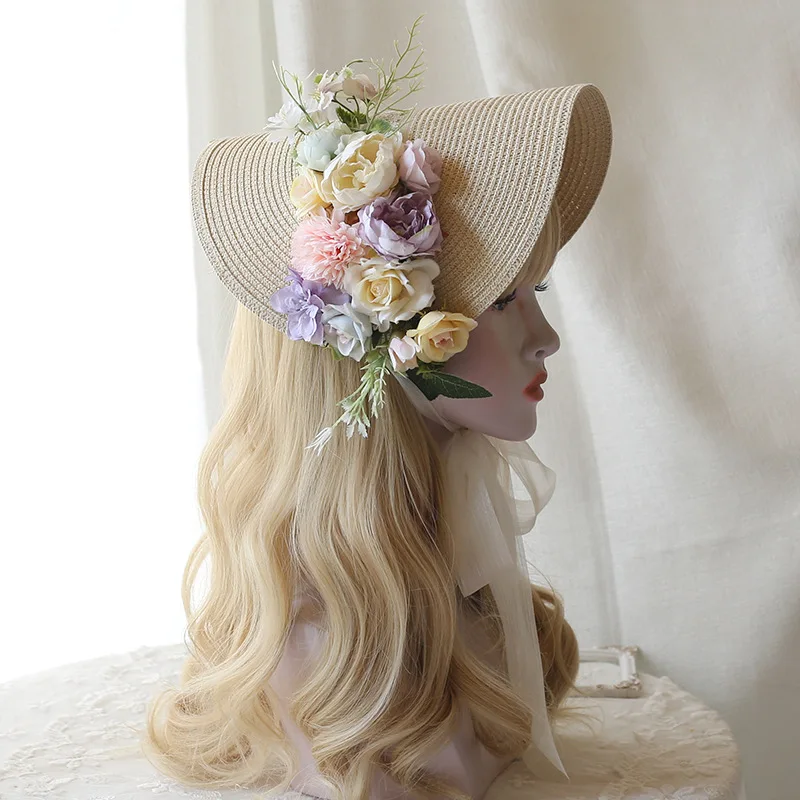 

Handmade Lolita Flower Straw Bonnet Fascinator Hat Summer Wedding PHoto Shoot Headdress Forest Floral Lace Fascinator Headpiece