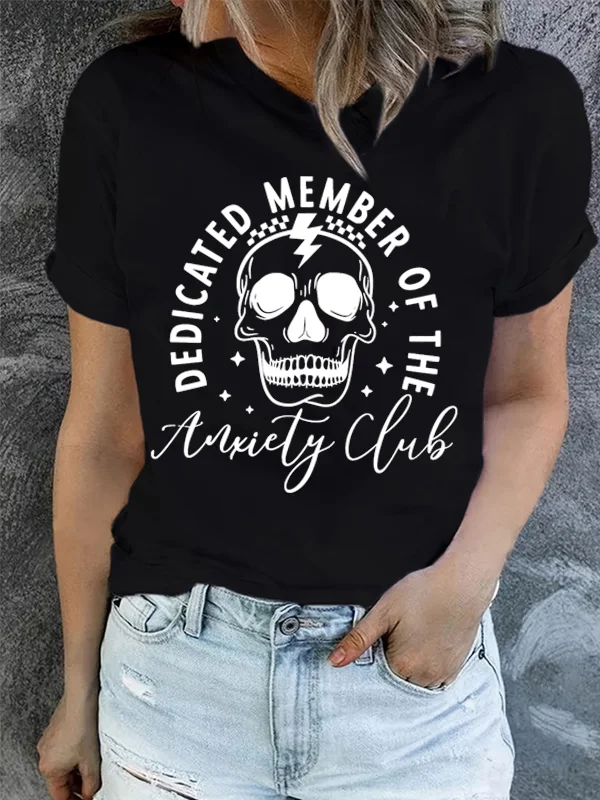 

Dedicated Member of The Antiety Club Slogan Women T-shirt Vintage Terror Lightning Skull Print Female Shirt Street Punk Tee