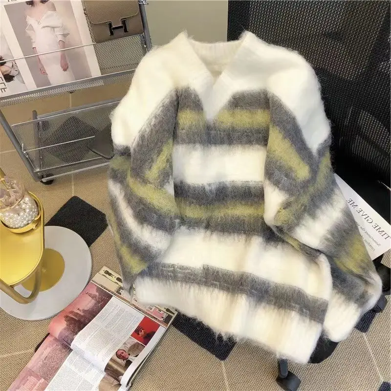 Women Sweater Striped V-Neck Pullovers Loose Knitted Thick Chic Autumn Winter Long Sleeve Korean Fashion Loose Jumpers
Women Sweater Striped V-Neck Pullovers Loose Knitted Thick Chic Autumn Winter Long Sleeve Korean Fashion Loose Jumpers