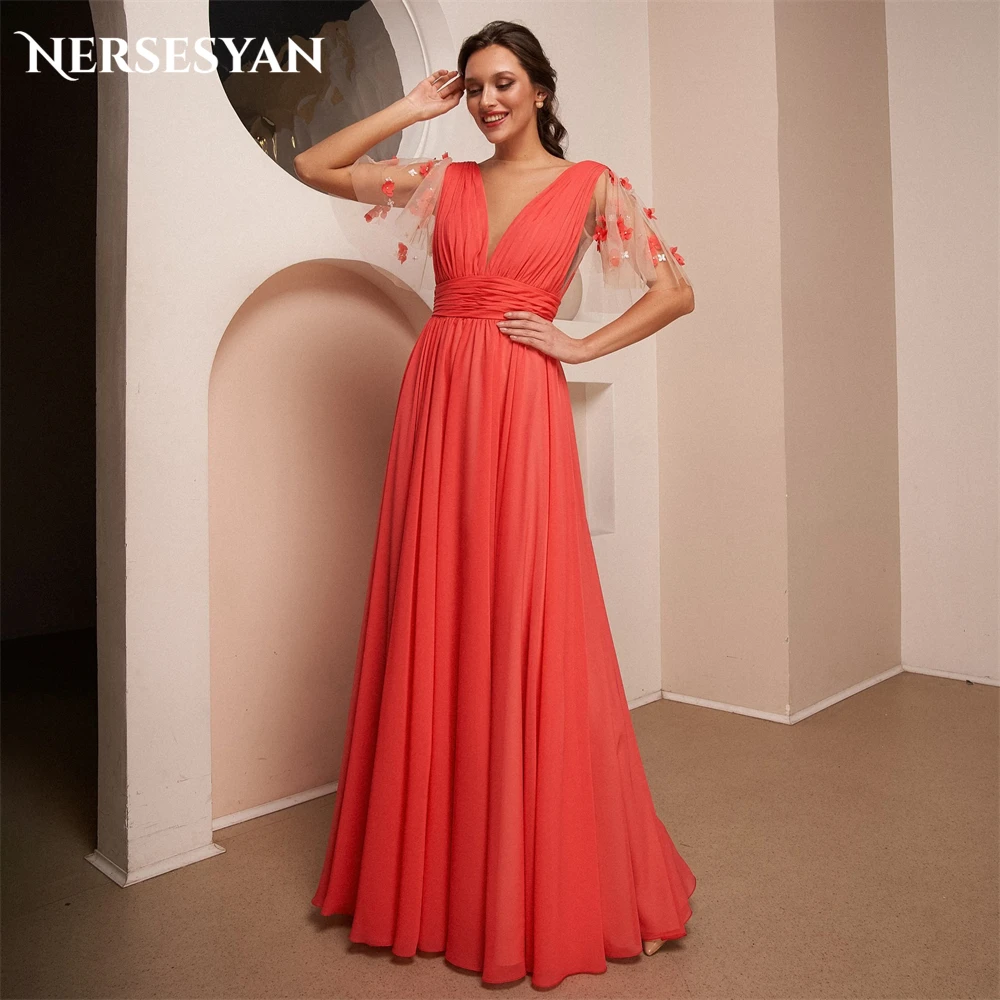 

Nersesyan Tomato Lace Elegant Formal Evening Dresses A-Line Short Appliques Flare Sleeves Prom Dress Pleats V-Neck Party Gowns