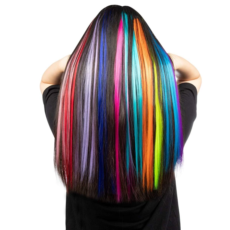 

13 Pcs Colored Party Highlights Colorful Clip In Hair Extensions 55Cm Straight Synthetic Hairpieces