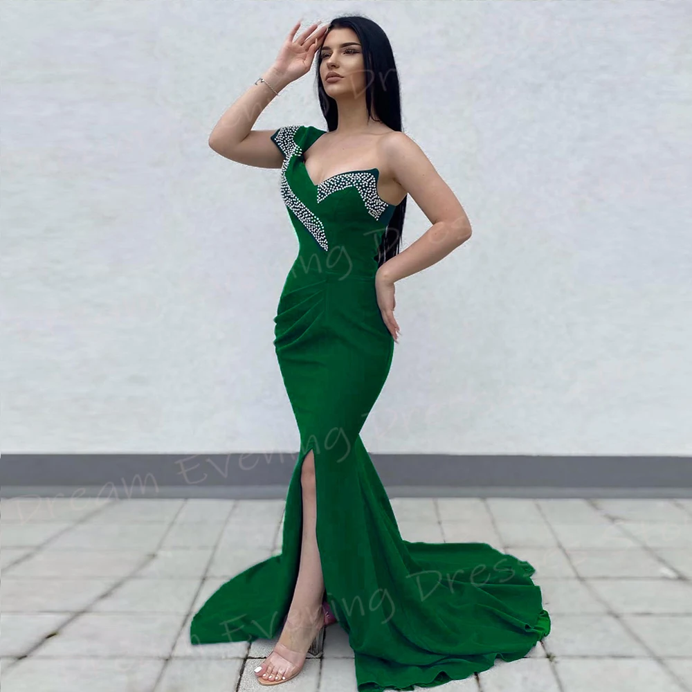 

2024 Classic Popular Green Women's Mermaid Charming Evening Dresses One Shoulder Pleated Prom Gowns Split Beaded Robe De Soiree
