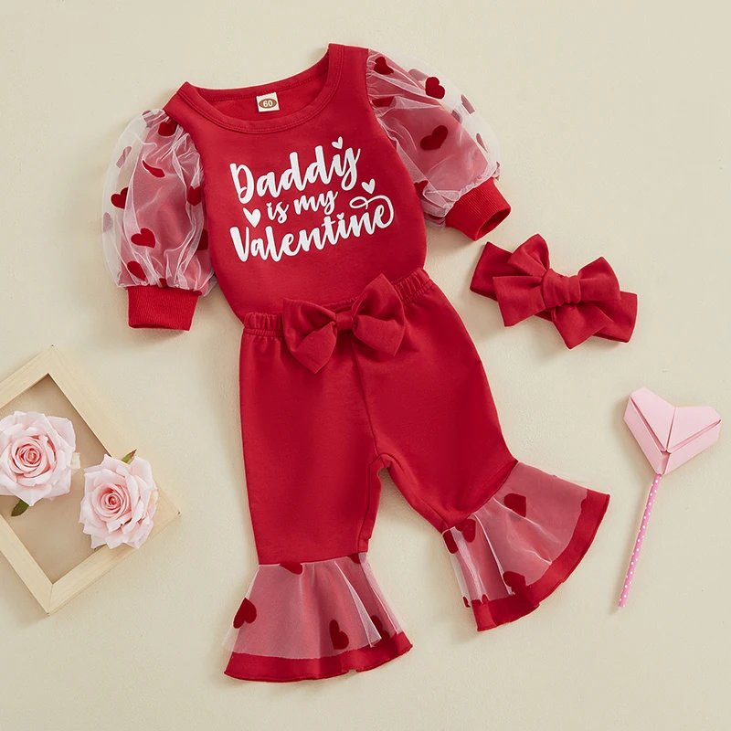 

Infant Baby Girl Valentine Set My First Valentines Day Baby Girl Outfit Long Sleeve Ribbed Romper Heart Bell Bottom Pants