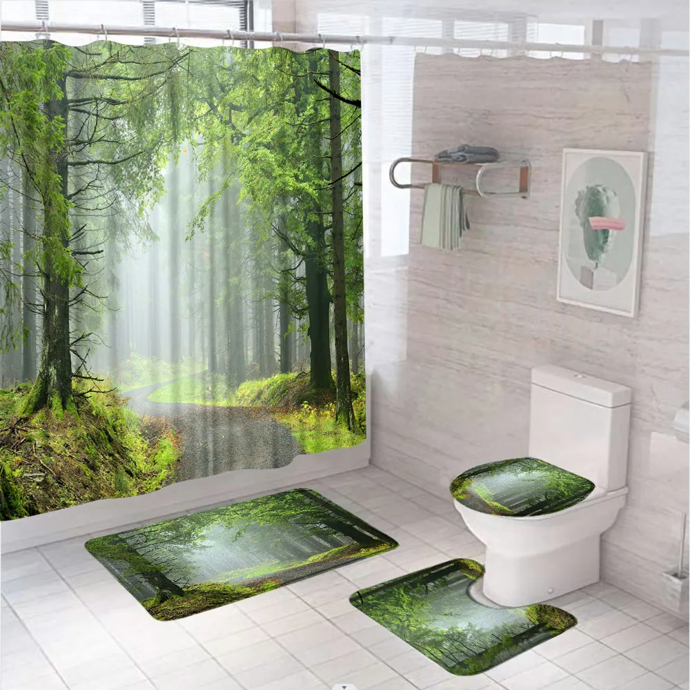 

Natural Landscape Shower Curtain Set Pathway Forest Green Tree Woodland Bathroom Curtains Non Slip Bath Mat Rug Toilet Lid Cover
