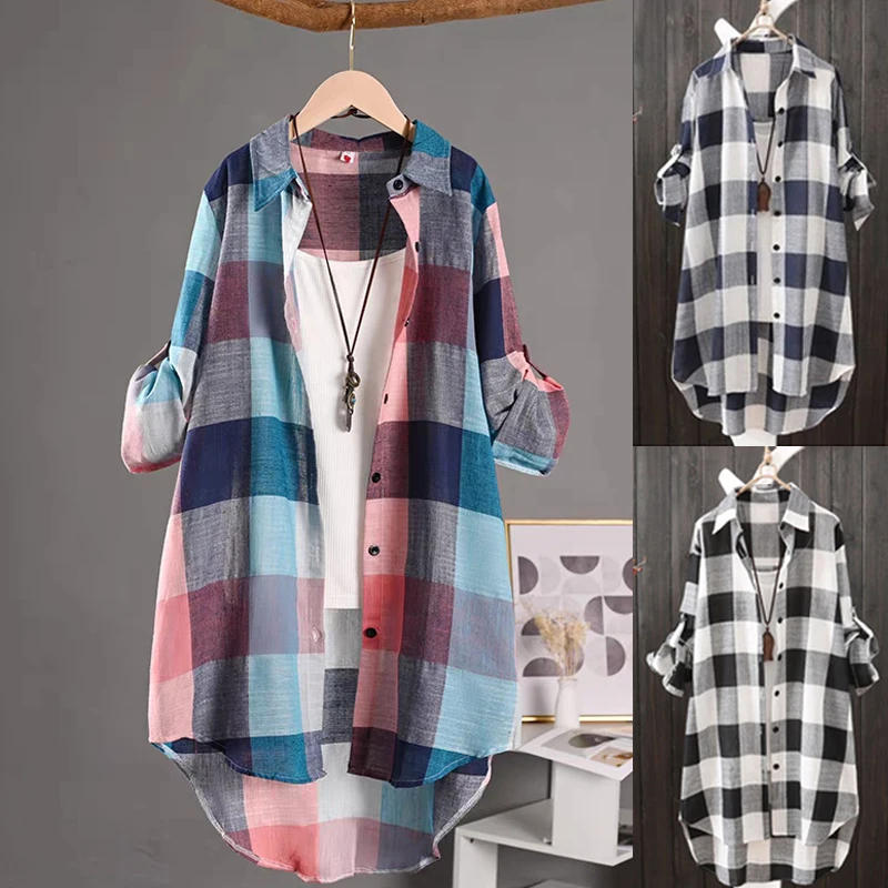 

Women's Fashion Plaid Long Sleeve Shirt Medium-length Casual Loose Cotton Linen Turndown Collar Thin Tops Plus Size M-XXXL