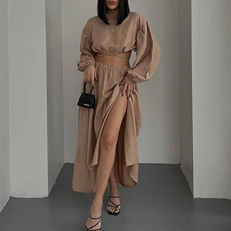 Fall Loose Party Suits Casual Standing Collar Button Long Sleeved Top and Skirt Set for Women Sexy Bandage Hollow Crop Outfits
Fall Loose Party Suits Casual Standing Collar Button Long Sleeved Top and Skirt Set for Women Sexy Bandage Hollow Crop Outfits