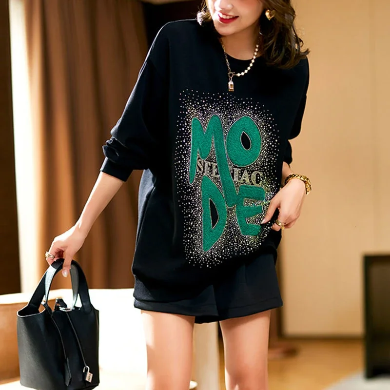 

Graphic Woman Clothing Black Round Neck Baggy Top Letter Printing Loose Pullovers Women's Sweatshirt Text Nice Color Sweat-shirt