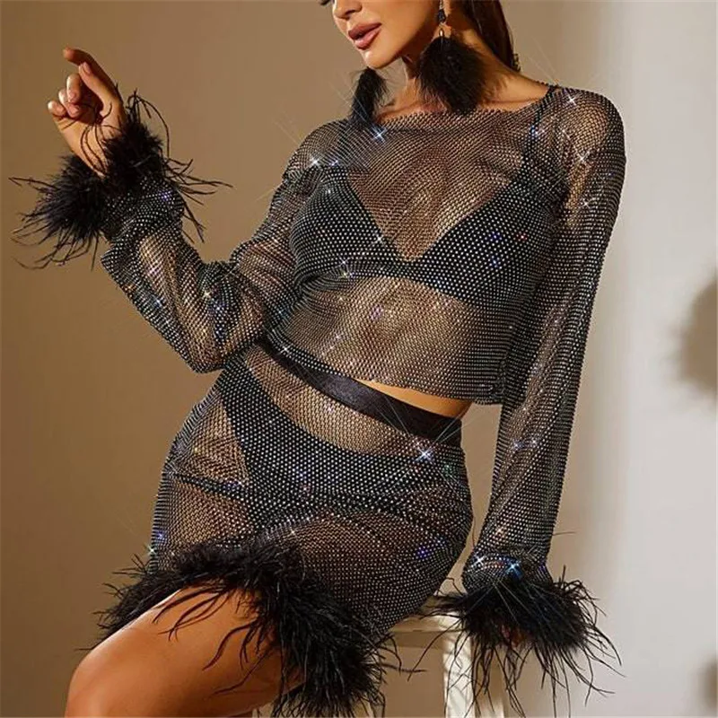 

Glitter Diamond Festival Rave Women 2 Pieces Outfits Furry Feather Long Sleeve T-Shirts Fishnet Mini Skirts Nightclub Party Sets