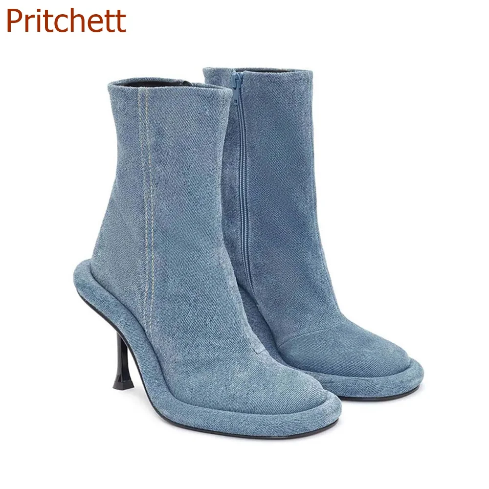 

Round Toe High Heels Boots Western Cowboy Boots Short Boots Stiletto Heel Large Size Denim Mid Calf Fashion Casual Women Shoes